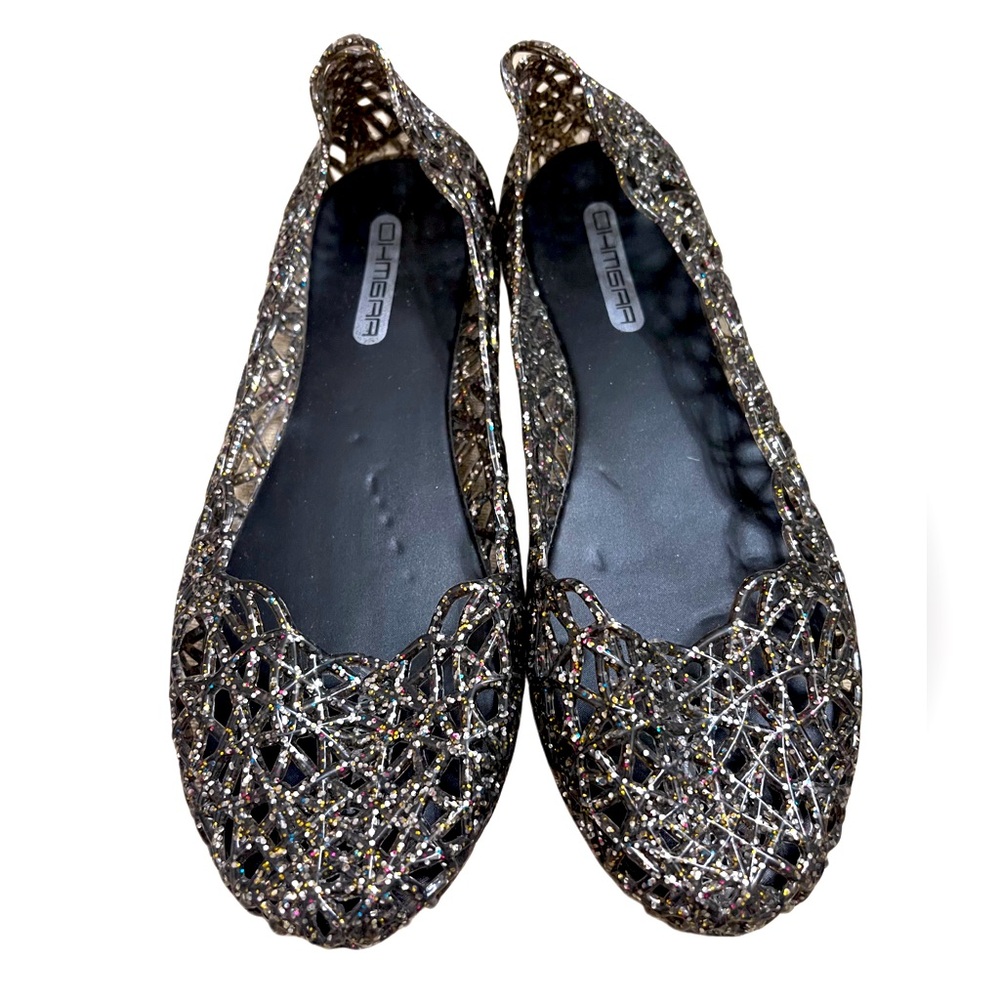 Ohmgaa adult Sz 7 black/gray sparkly retro jelly sandals